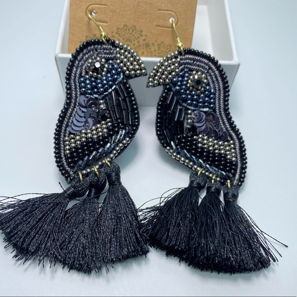 Beaded Sequin Parrot Tassel Earrings